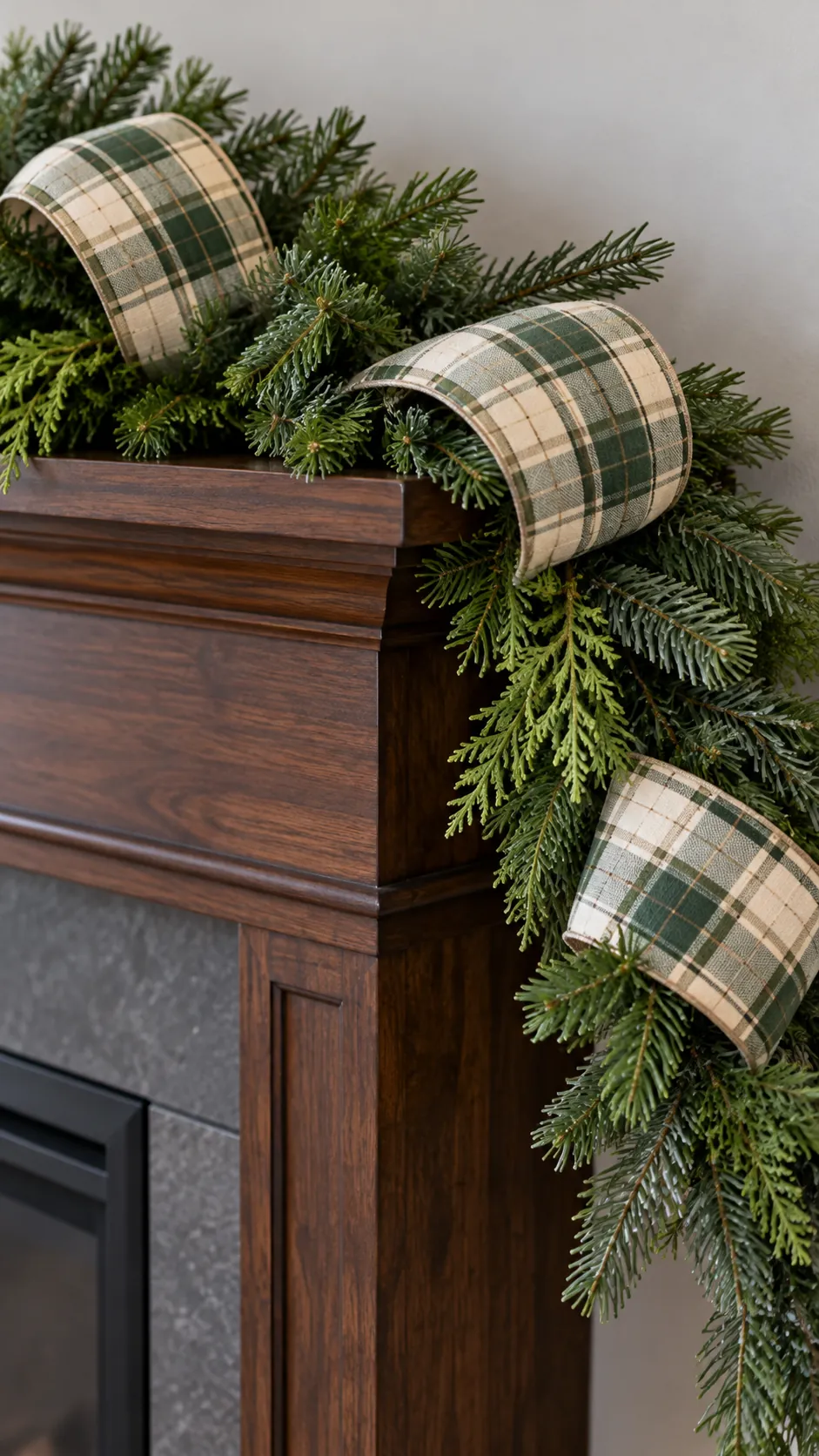 Tuck loose loops into the greenery for ribbon on mantel garland