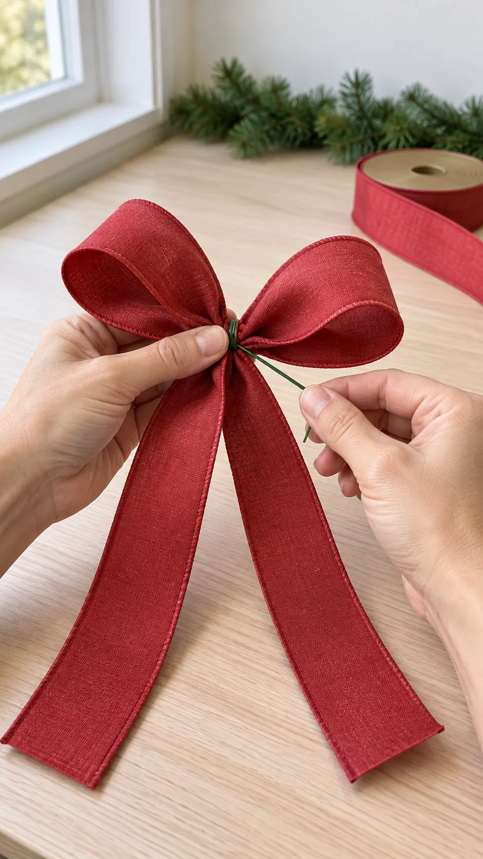Make a simple bow with a secured center for ribbon on mantel garland