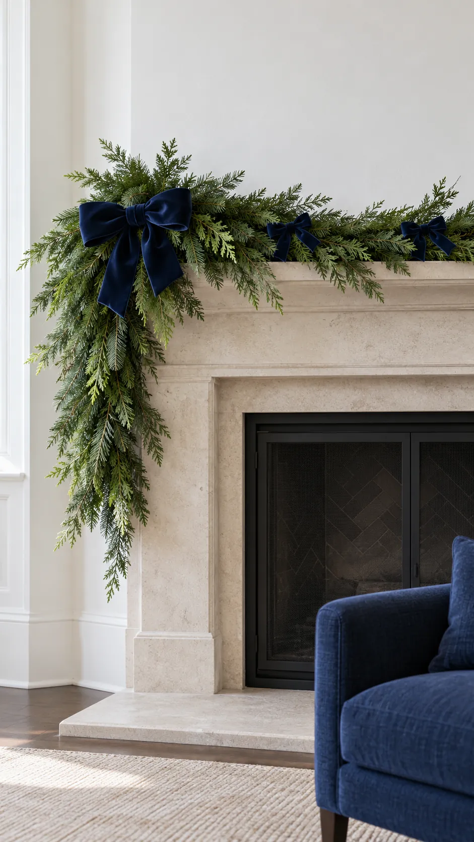 Use color and tails to guide the eye for ribbon on mantel garland