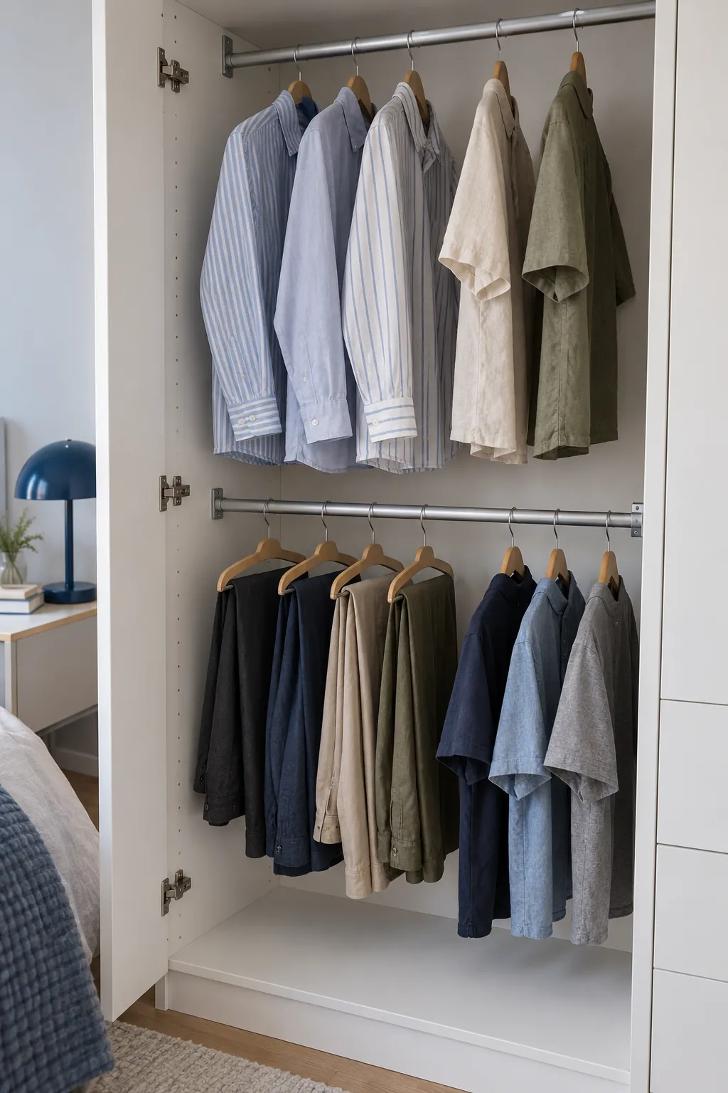 Add a second rail beneath short garments in a small shared bedroom