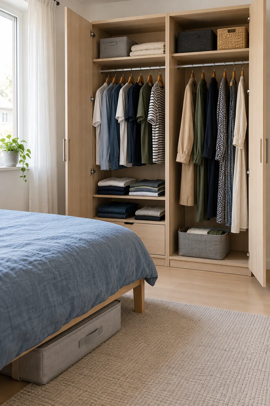 Compact bedroom with a shared wardrobe and separate clothing storage zones