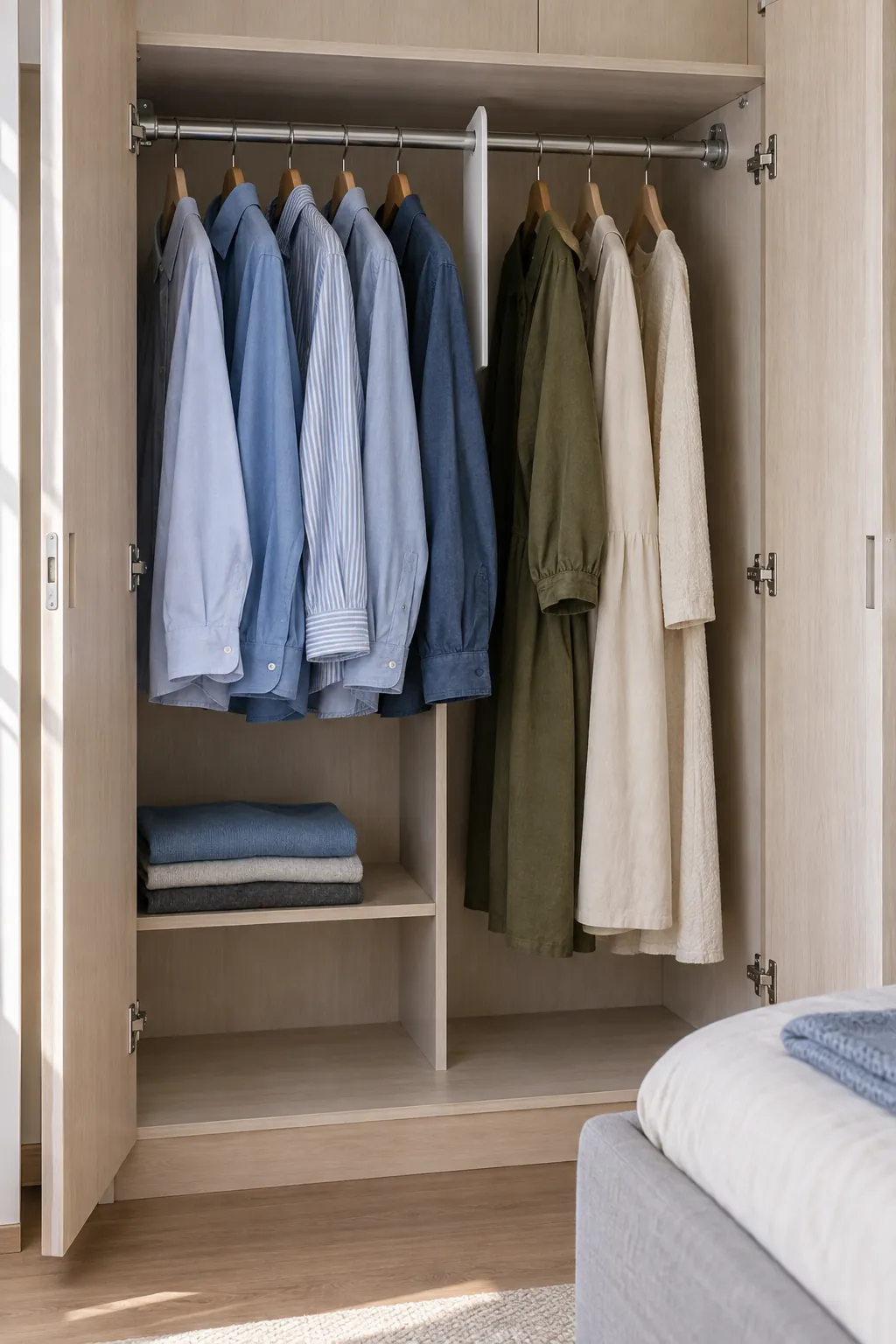 Allocate rail space by clothing type in a small shared bedroom