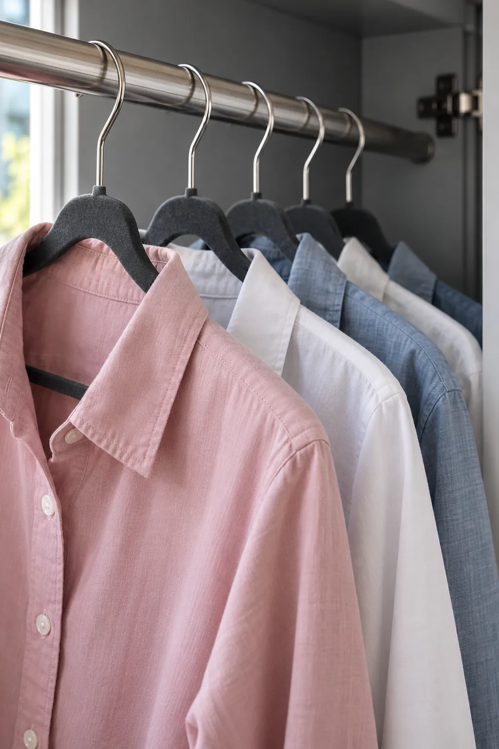Use slim hangers for everyday shirts in a small shared bedroom