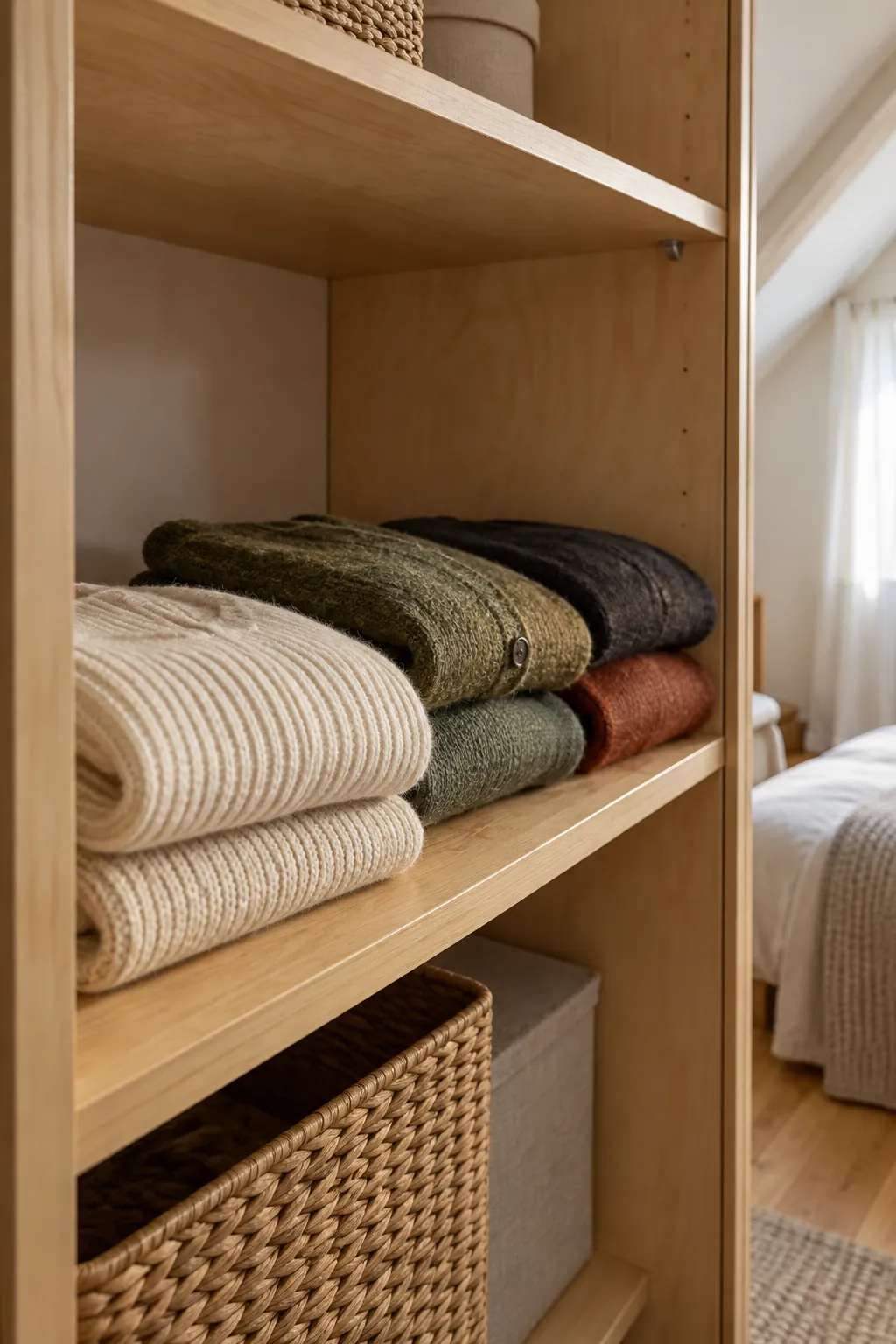 Fold knitwear onto short shelf stacks in a small shared bedroom