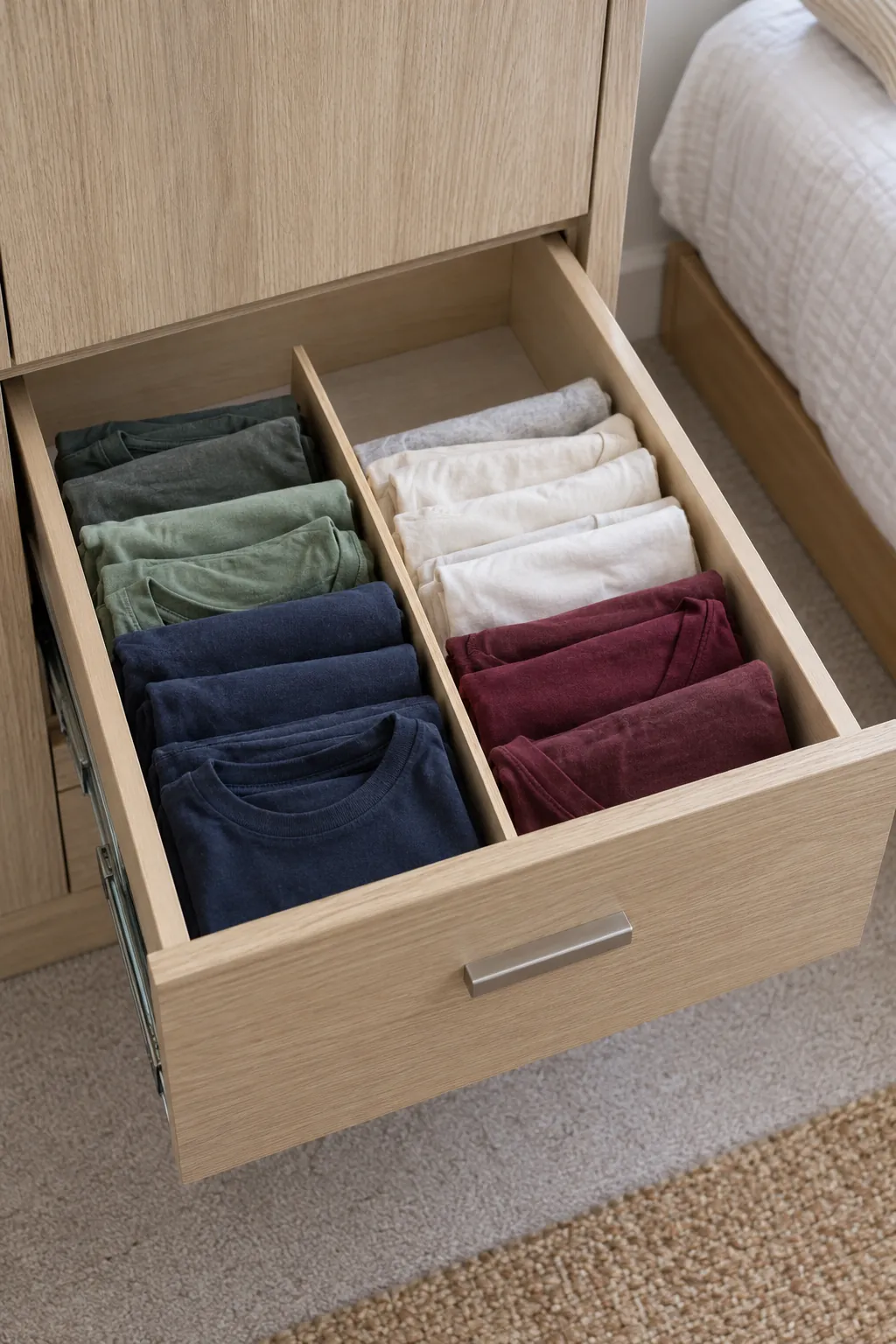 Stand tees upright in a shallow drawer in a small shared bedroom