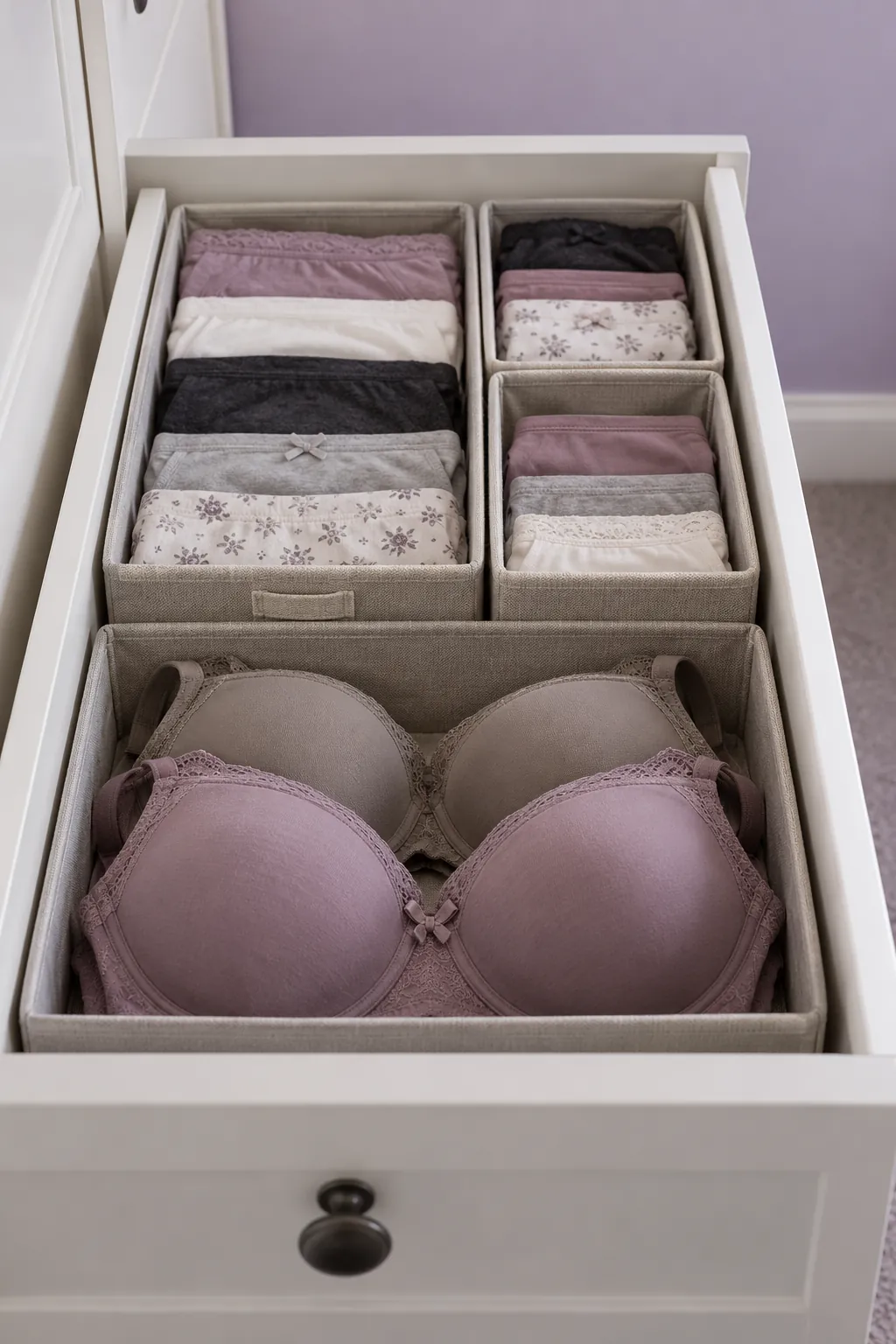 Divide underwear drawers into personal sections in a small shared bedroom