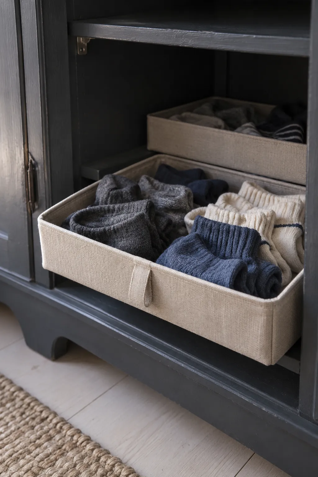 Put socks in removable fabric trays in a small shared bedroom