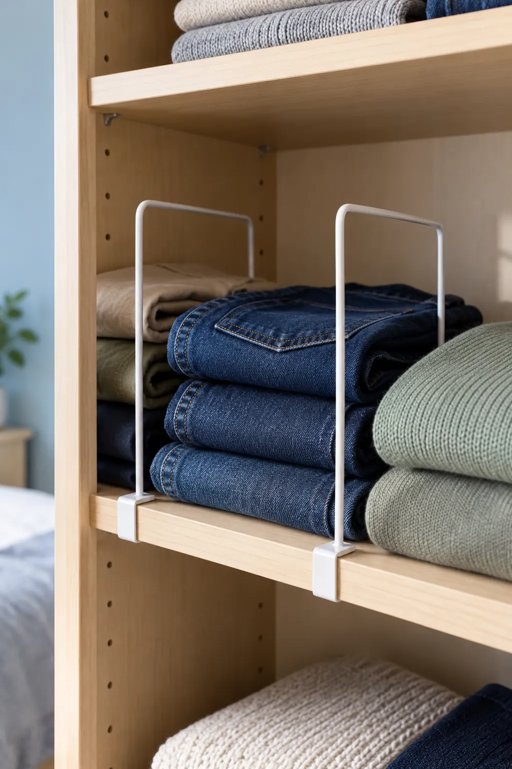 Separate folded stacks with shelf dividers in a small shared bedroom