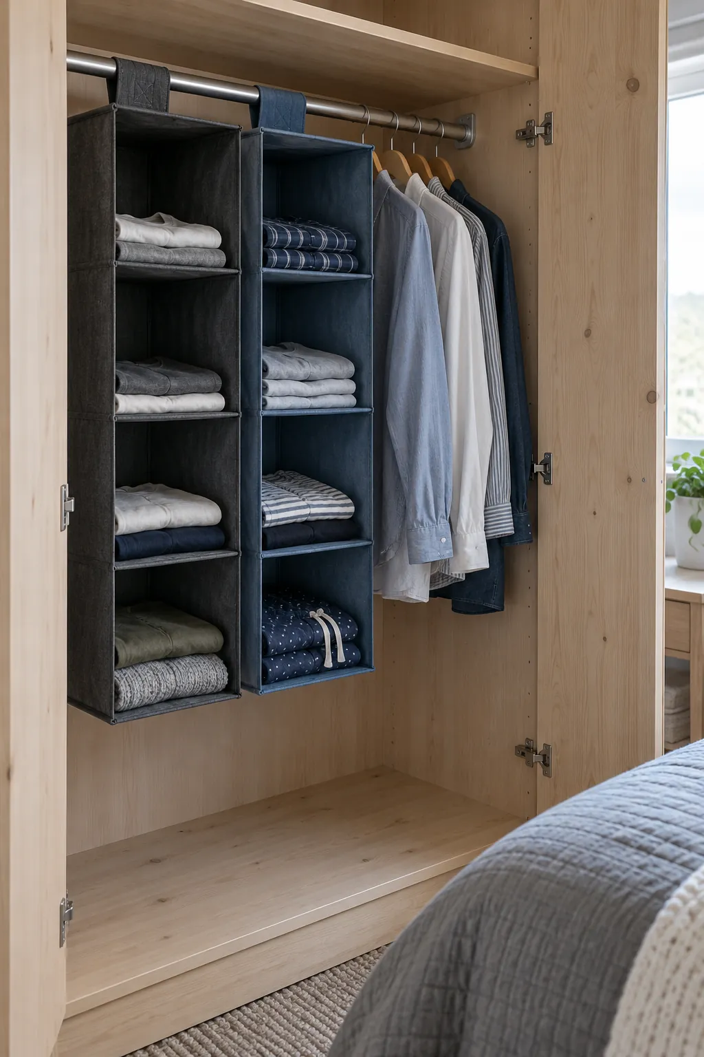 Give each person a hanging fabric cubby in a small shared bedroom