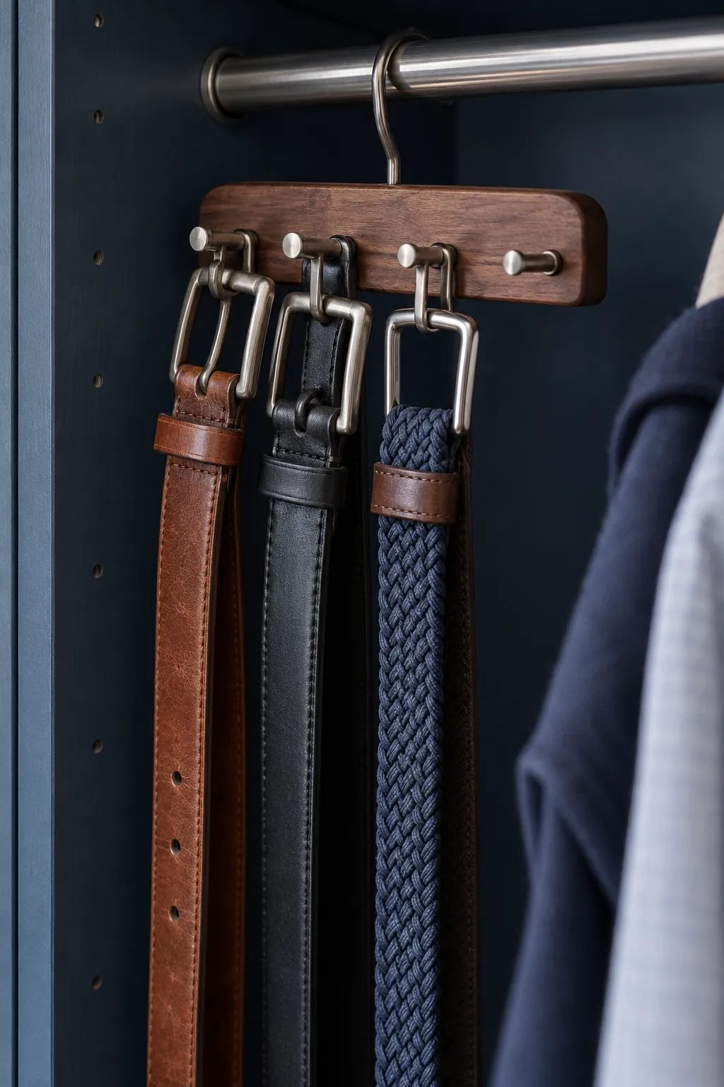 Hang belts from a compact accessory hanger in a small shared bedroom