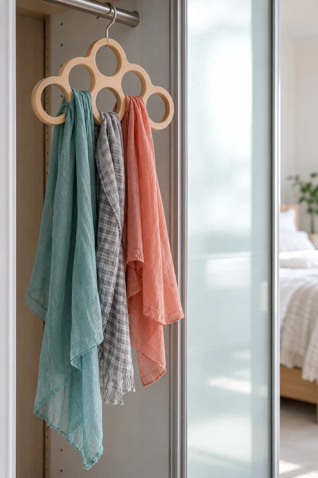 Loop scarves through a ring hanger in a small shared bedroom