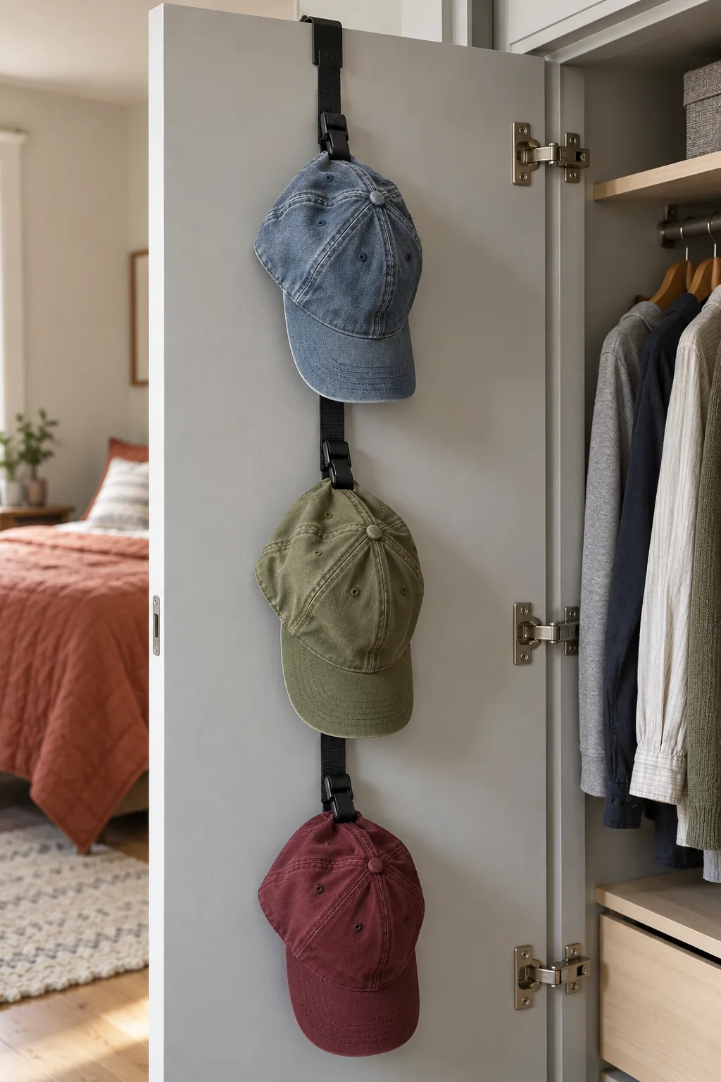 Clip hats inside a wardrobe door in a small shared bedroom