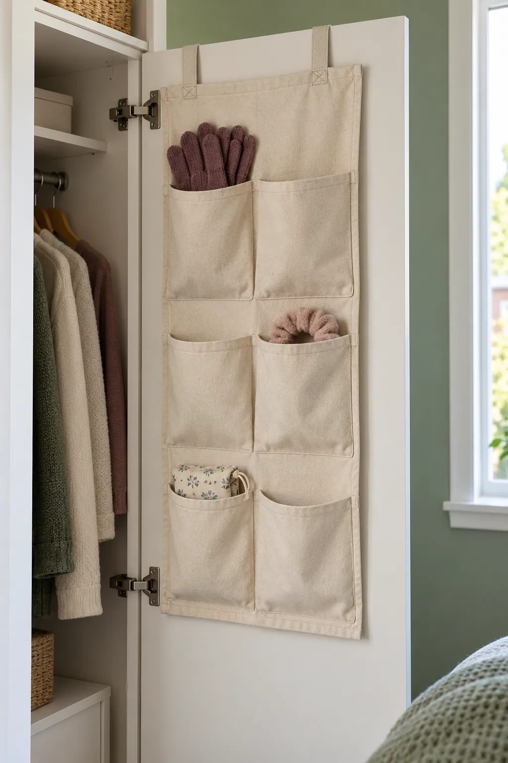 Use shallow door pockets for small accessories in a small shared bedroom