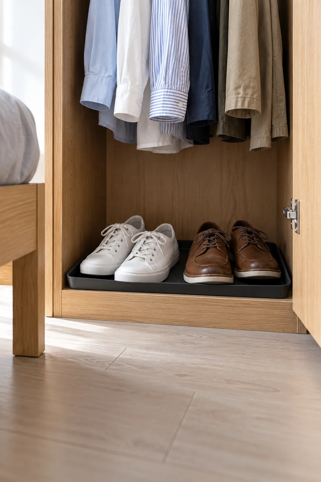 Store everyday shoes beneath the shortest clothes in a small shared bedroom