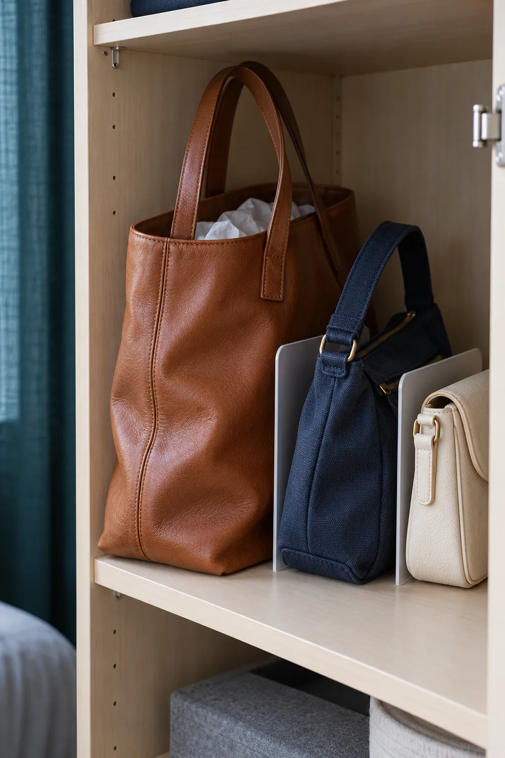 Keep bags upright with soft supports in a small shared bedroom