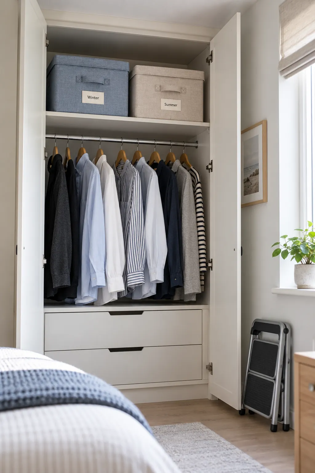 Move seasonal clothing into labeled top boxes in a small shared bedroom