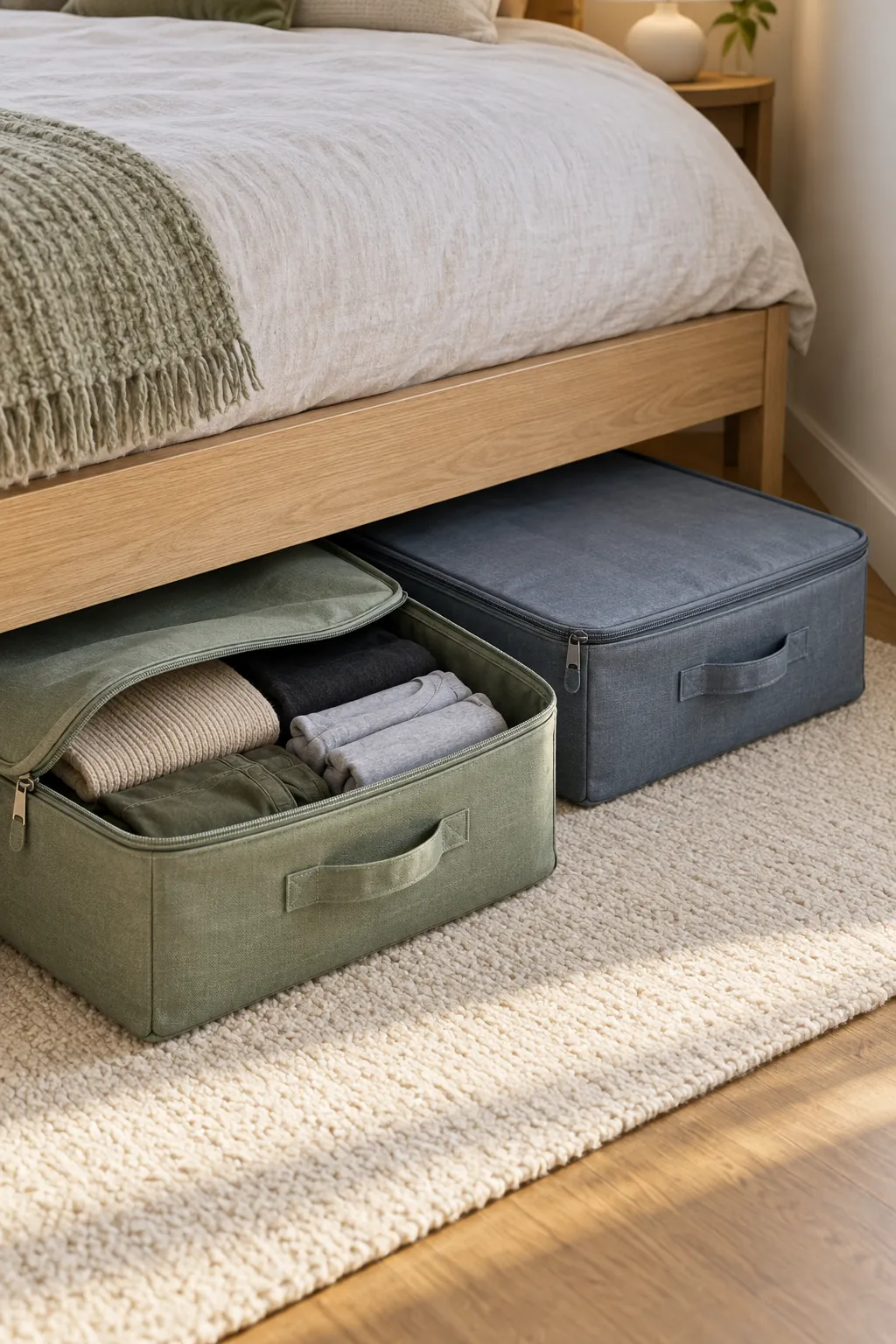 Choose one under bed clothes bin per person in a small shared bedroom