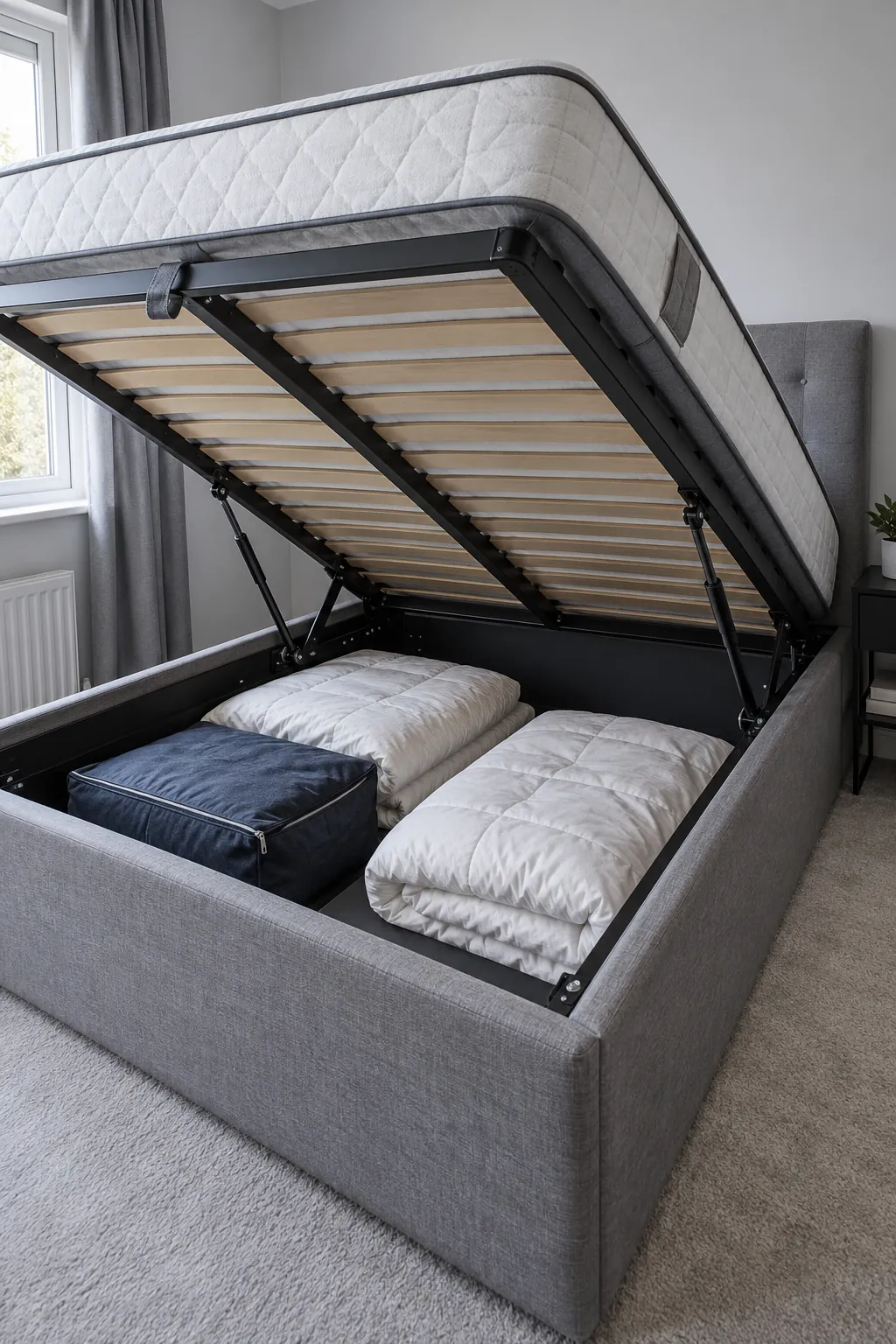 Use a lifting storage bed for bulky soft items in a small shared bedroom