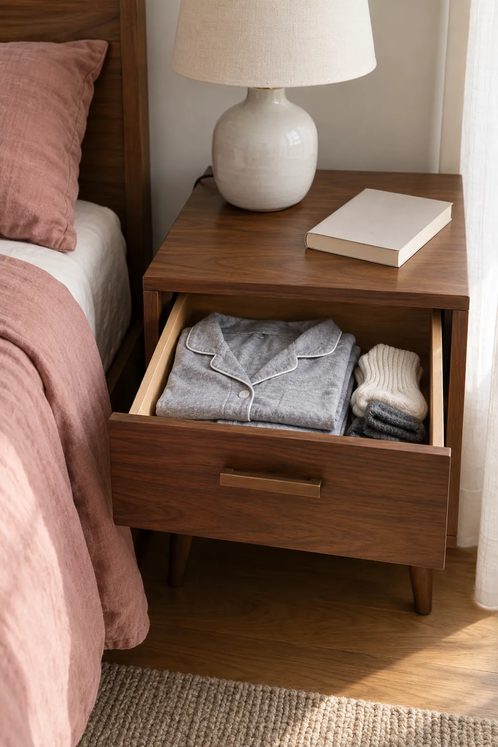 Make bedside drawers hold personal basics in a small shared bedroom