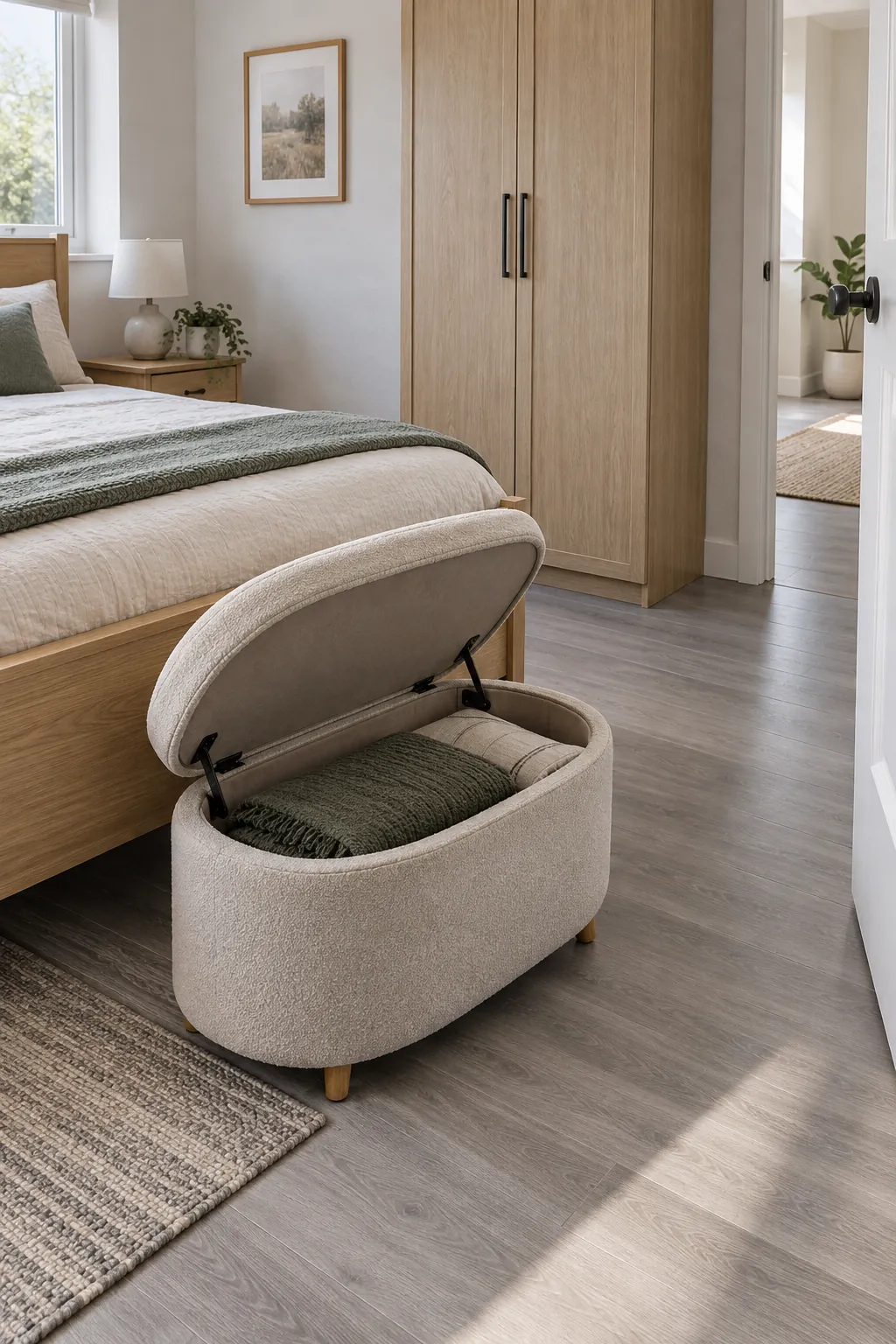 Choose a storage ottoman only where it clears the route in a small shared bedroom