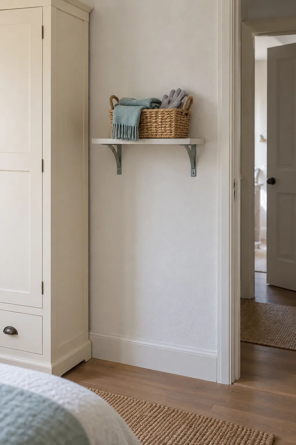 Use wall shelving for light folded items in a small shared bedroom