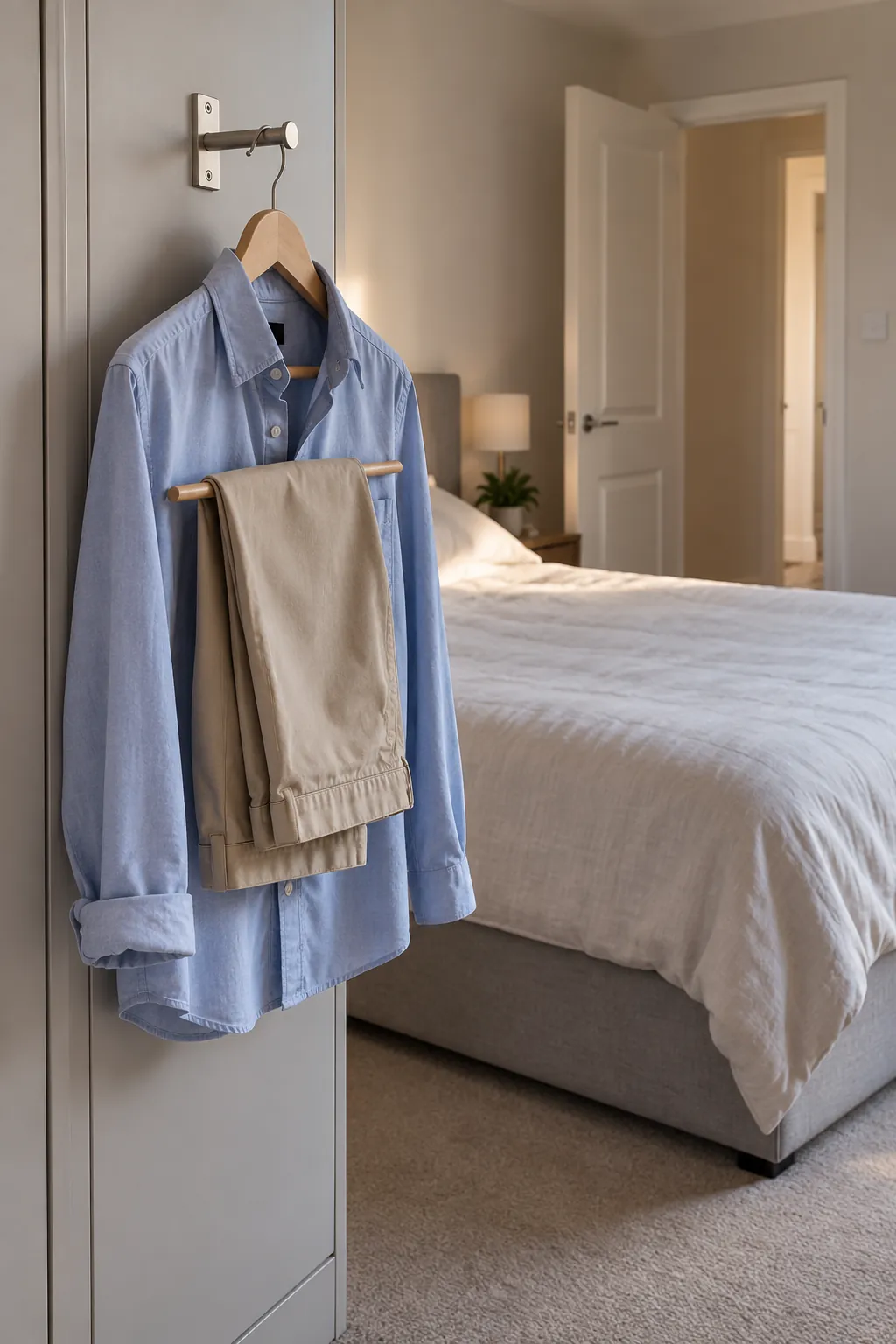 Keep tomorrow's outfits on a narrow valet hook in a small shared bedroom