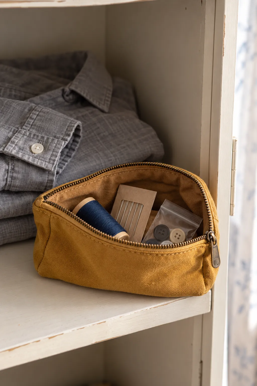 Keep a small repair pouch near the wardrobe in a small shared bedroom