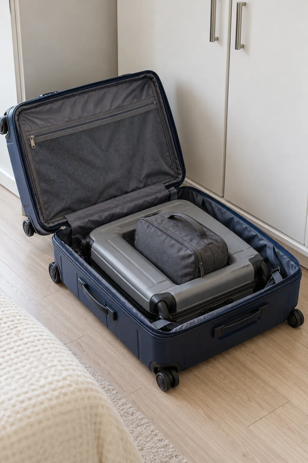 Store empty luggage inside one larger case in a small shared bedroom