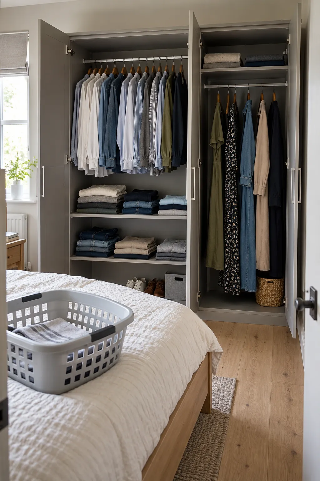 Leave room for the next laundry load in a small shared bedroom