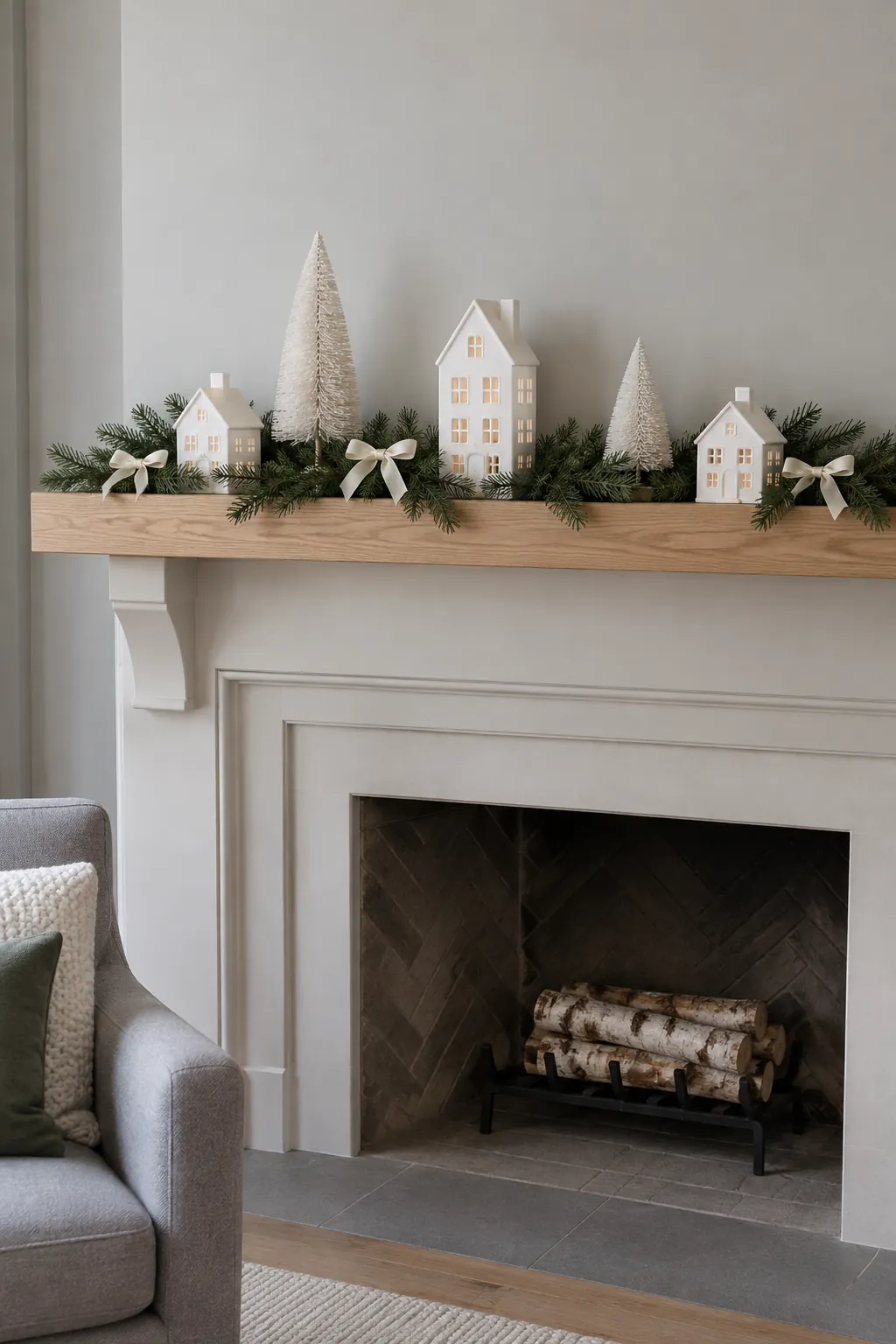 White ceramic houses and bottlebrush trees on a Christmas mantel