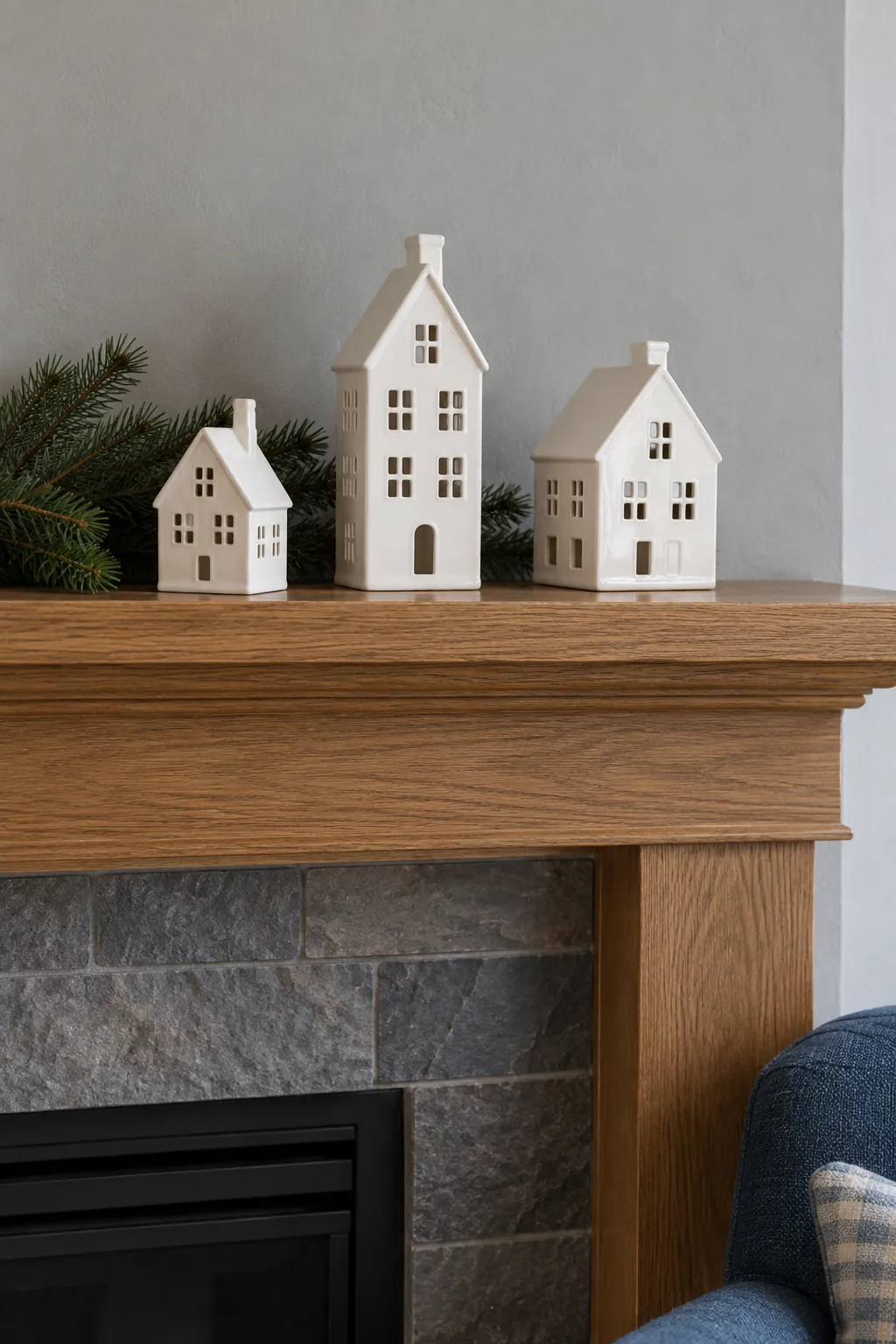 Build a small ceramic village for white Christmas mantel decor