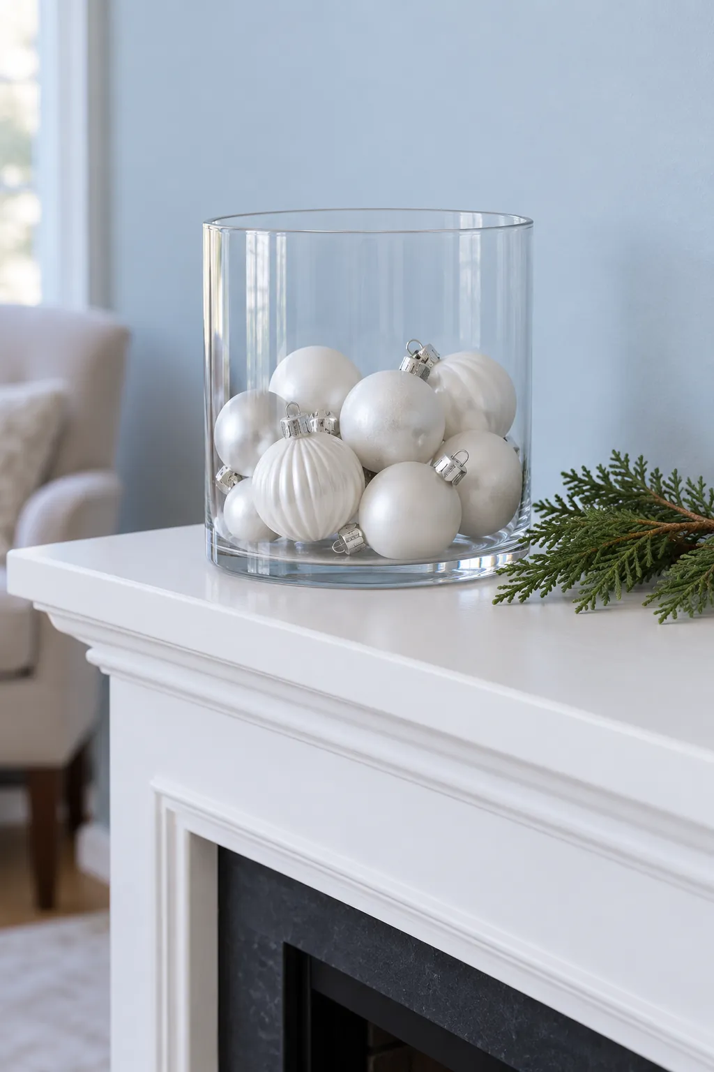 Gather white ornaments in clear glass for white Christmas mantel decor