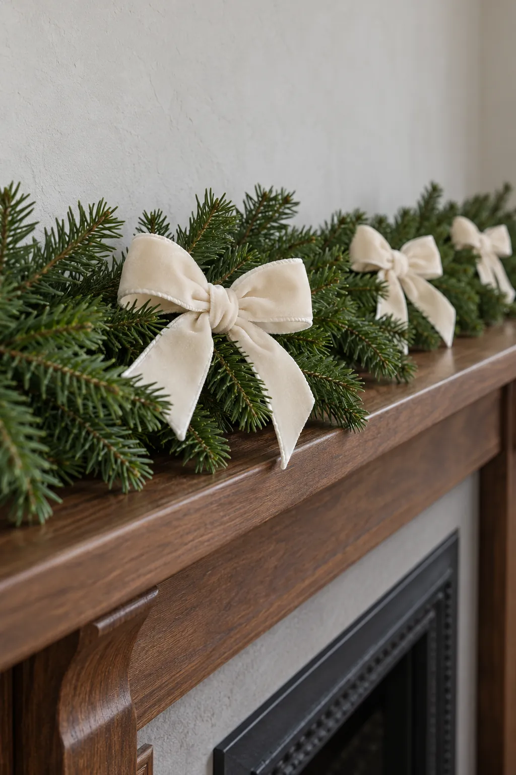 Tie ivory velvet through dark greenery for white Christmas mantel decor