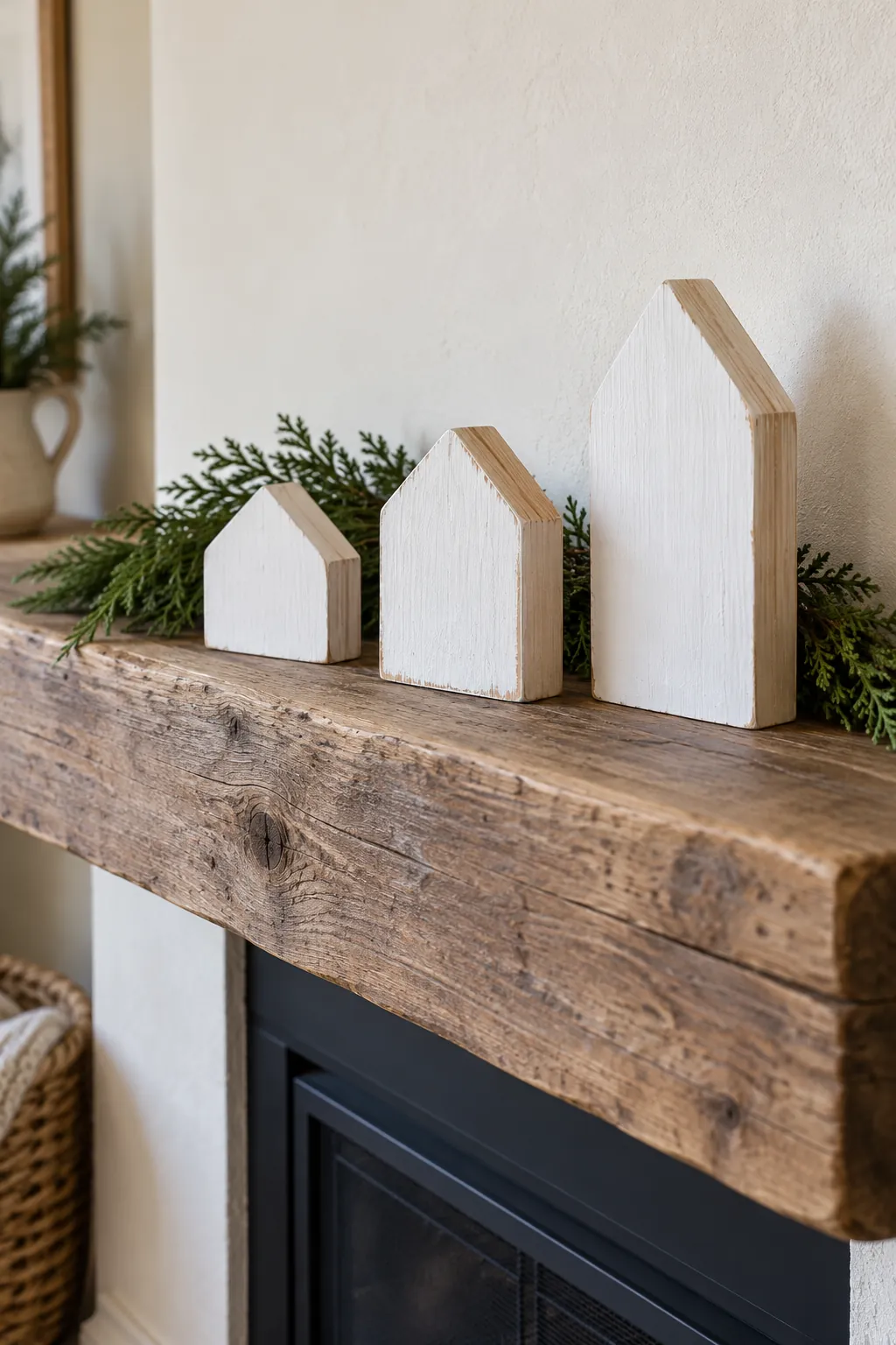 Choose simple painted wooden houses for white Christmas mantel decor