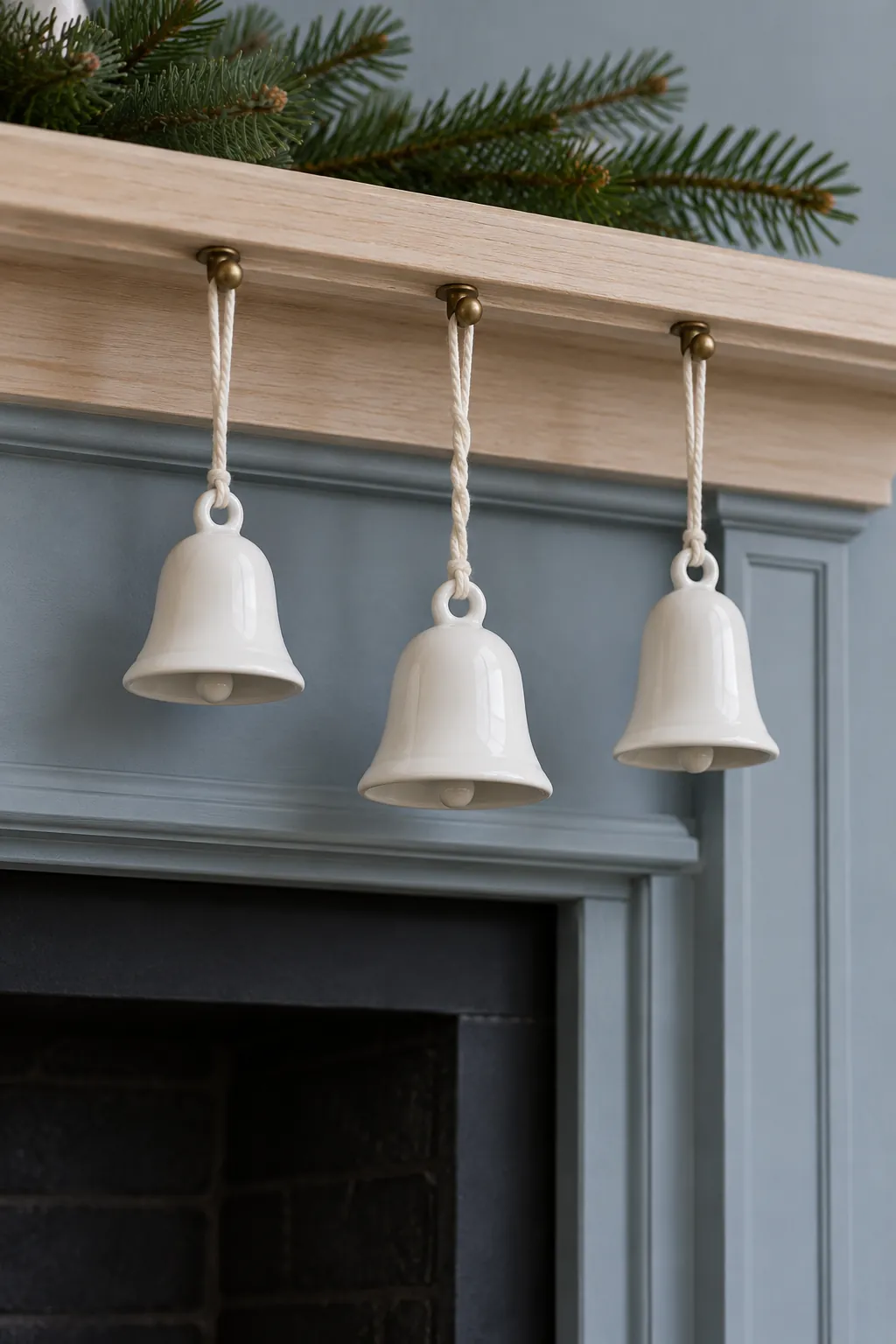 Hang a few porcelain bells for white Christmas mantel decor