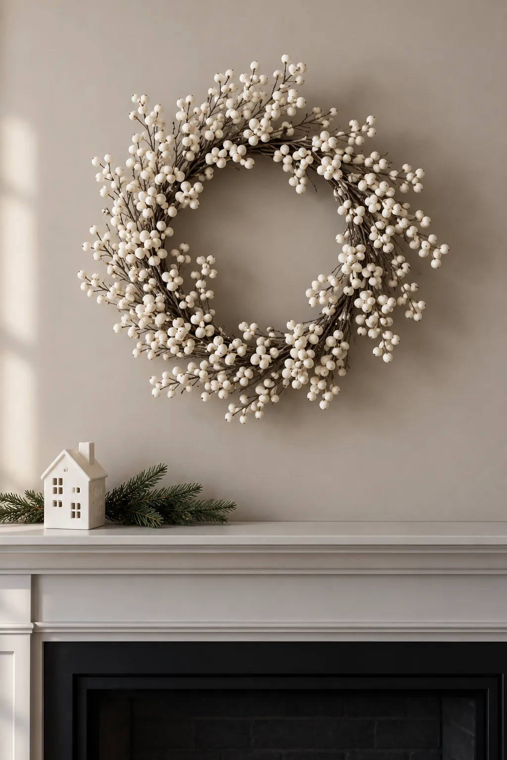 Center a white berry wreath for white Christmas mantel decor