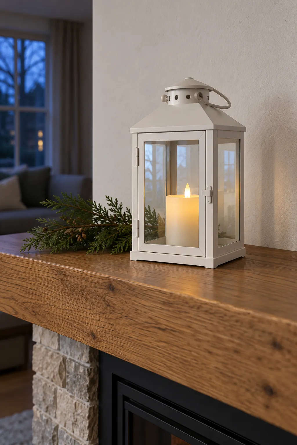 Place an LED candle inside a white lantern for white Christmas mantel decor