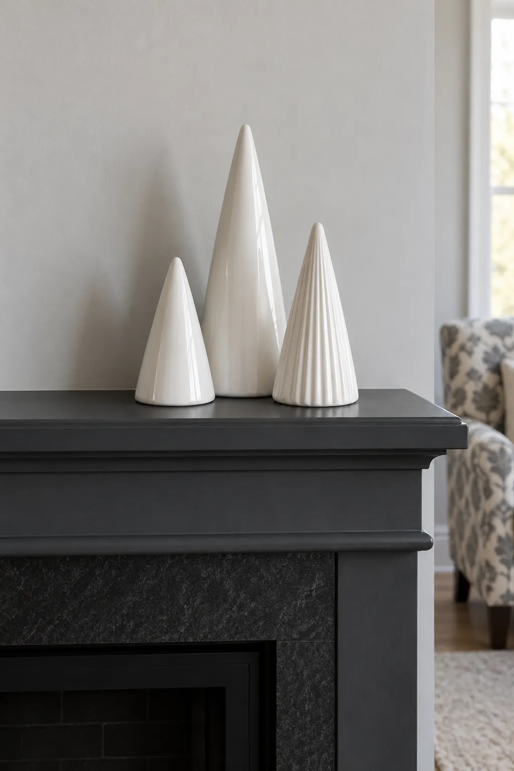 Keep three ceramic trees low and simple for white Christmas mantel decor