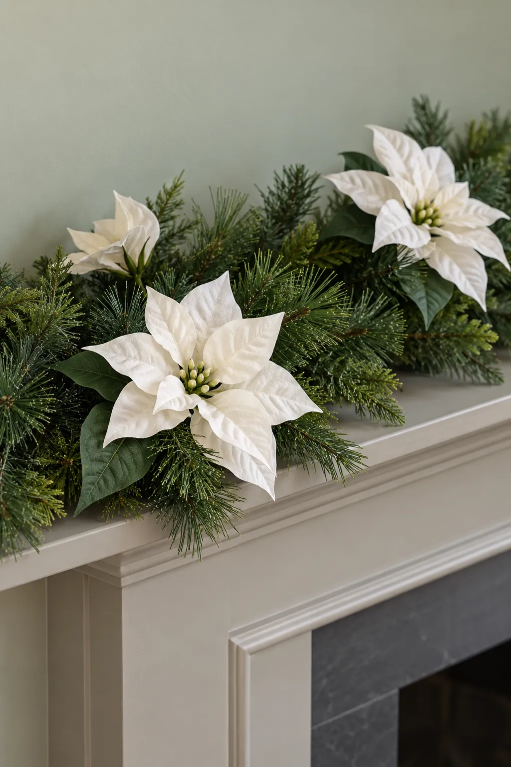 Use white poinsettia stems sparingly for white Christmas mantel decor