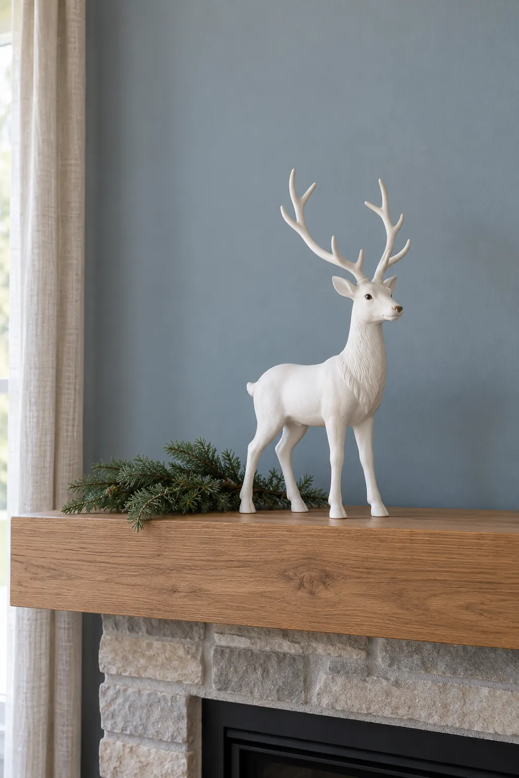 Give a white reindeer room to stand for white Christmas mantel decor
