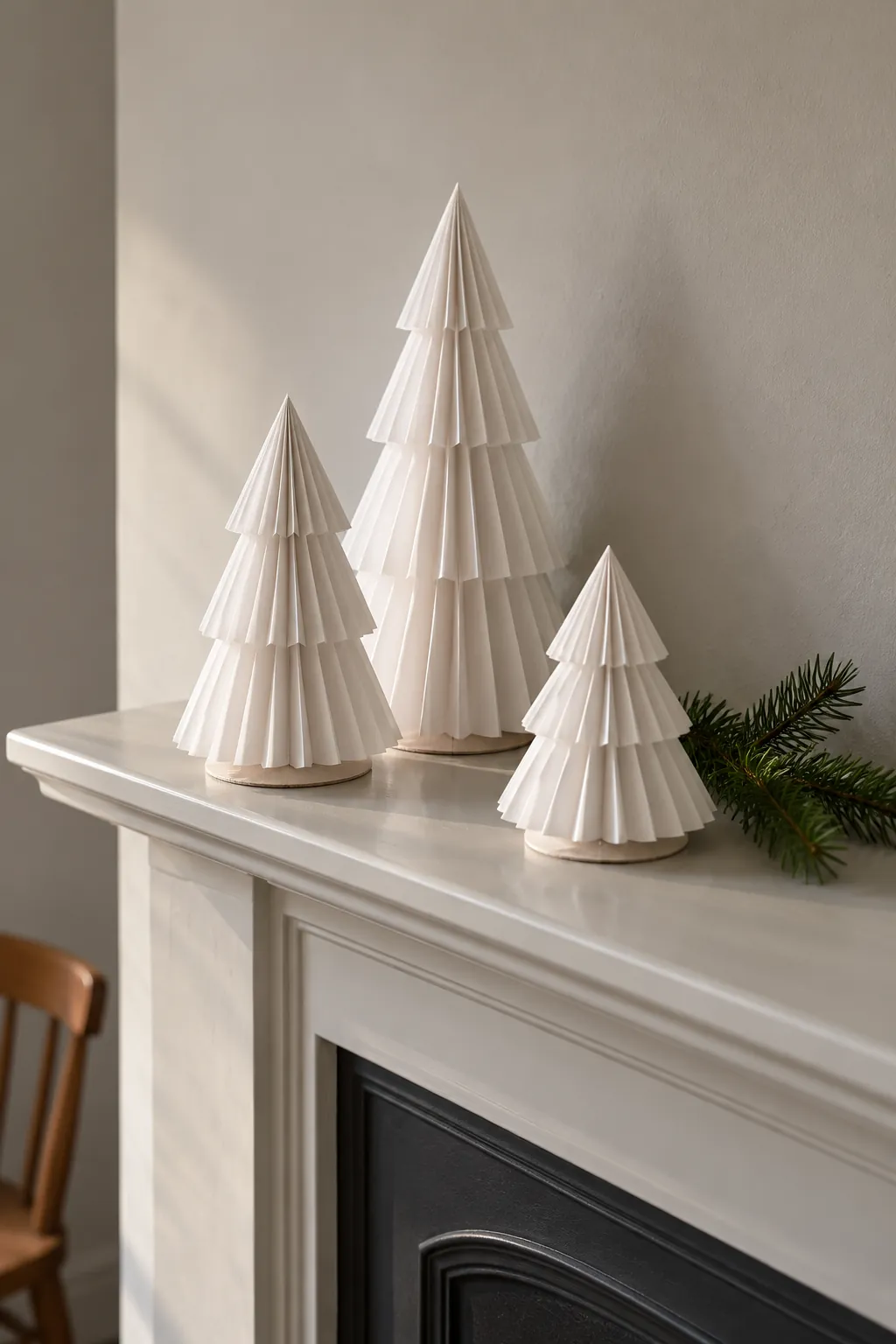 Fold a few paper trees for white Christmas mantel decor