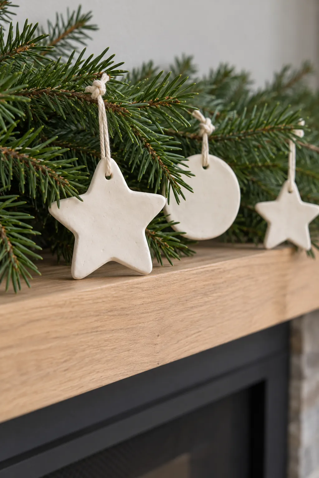 Add homemade white clay shapes for white Christmas mantel decor