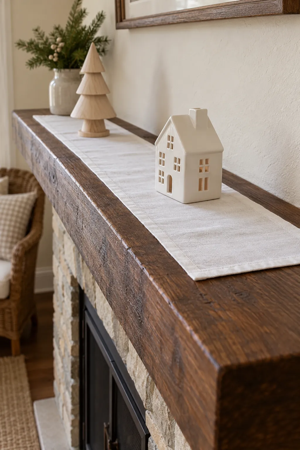 Use a white linen runner as a quiet base for white Christmas mantel decor