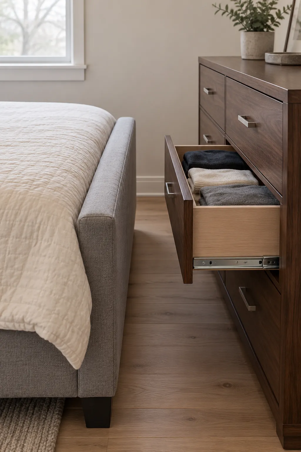Compare a dresser at the foot of the bed in a compact bedroom