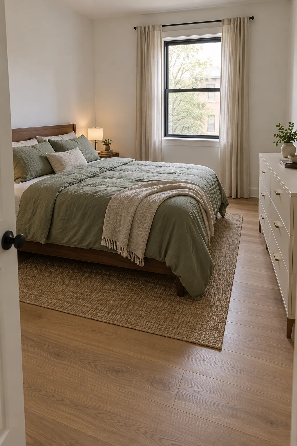 Queen bed and shallow dresser with a clear route in a compact bedroom
