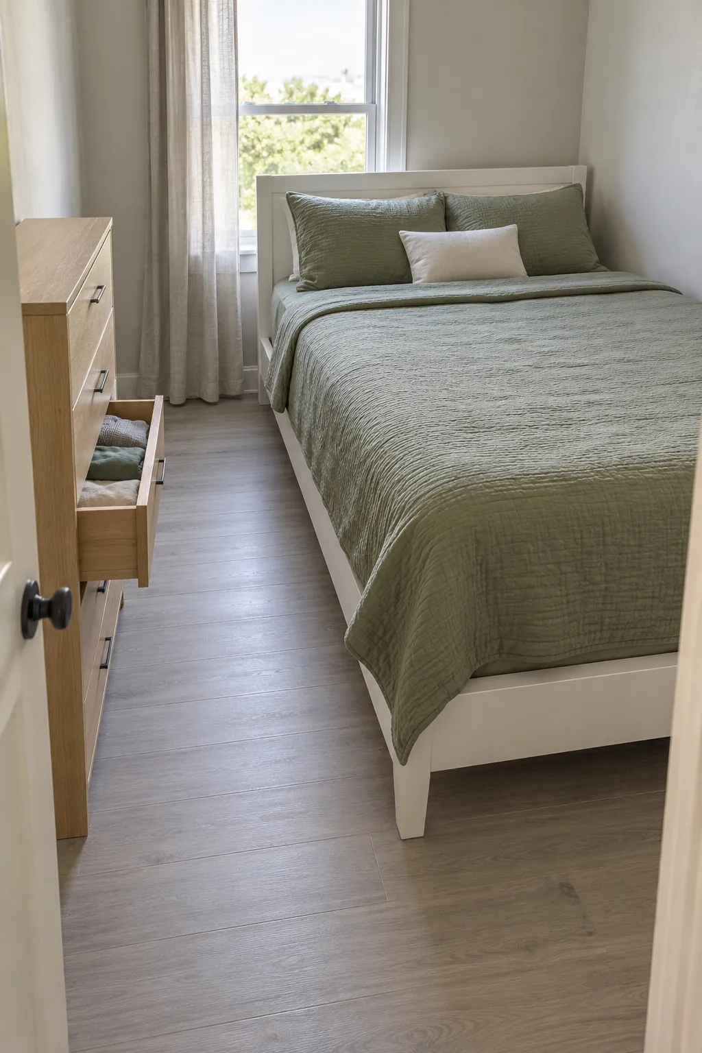 Try a narrow dresser on a side wall in a compact bedroom