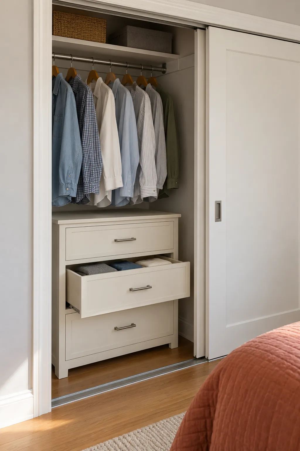 Use the closet or a short wall when it actually fits in a compact bedroom