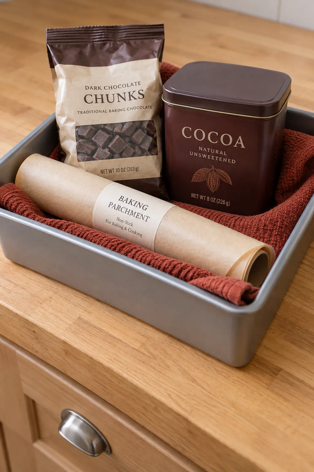 A Brownie Pan With Cocoa and Parchment