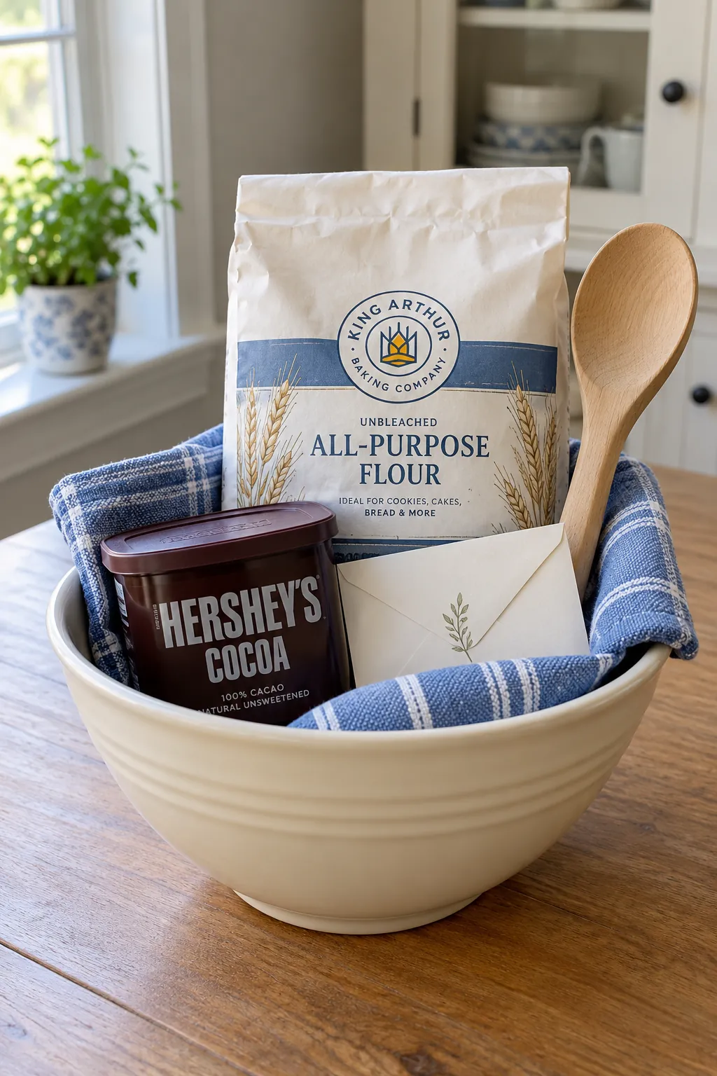 Baking gift supplies arranged in a reusable mixing bowl