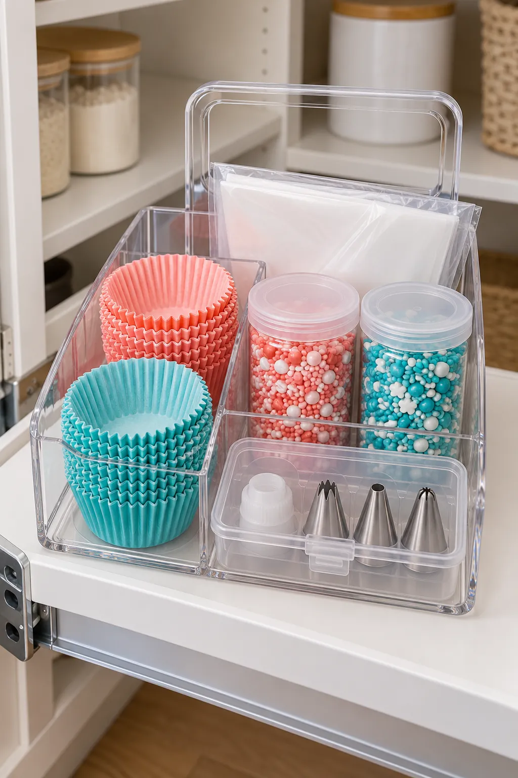 A Cupcake Decorating Basket With One Color Story